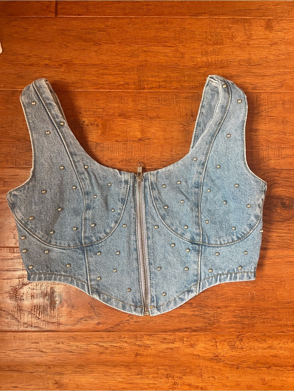 Denim Studded Zip-Front Crop Top